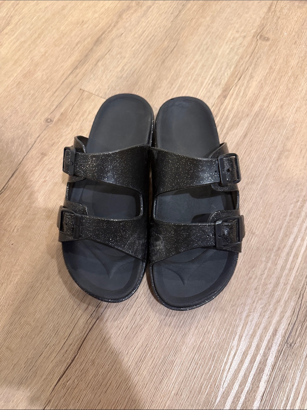 Black Glitter Double-Buckle Slide Sandals